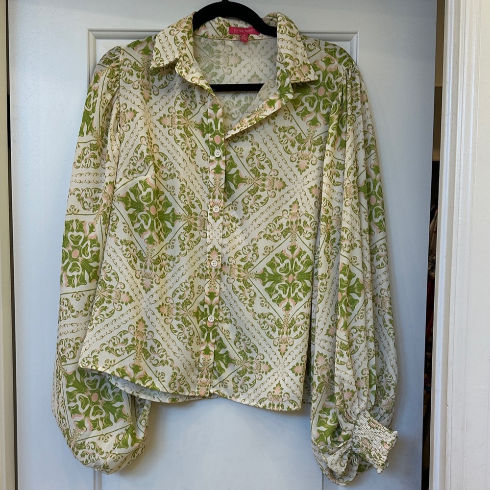 Flying Tomato Green and Cream Patterned Button-Up Blouse